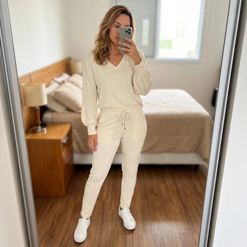 Conjunto de inverno em selfie no espelho, foto feita com IA